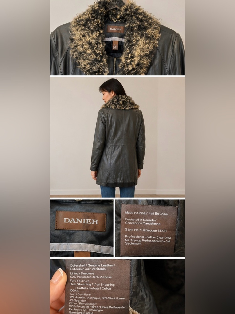 Danier Genuine Leather Coat Women’s XS Grey Shearling Fur Collar Zip Jacket - Picture 2 of 9